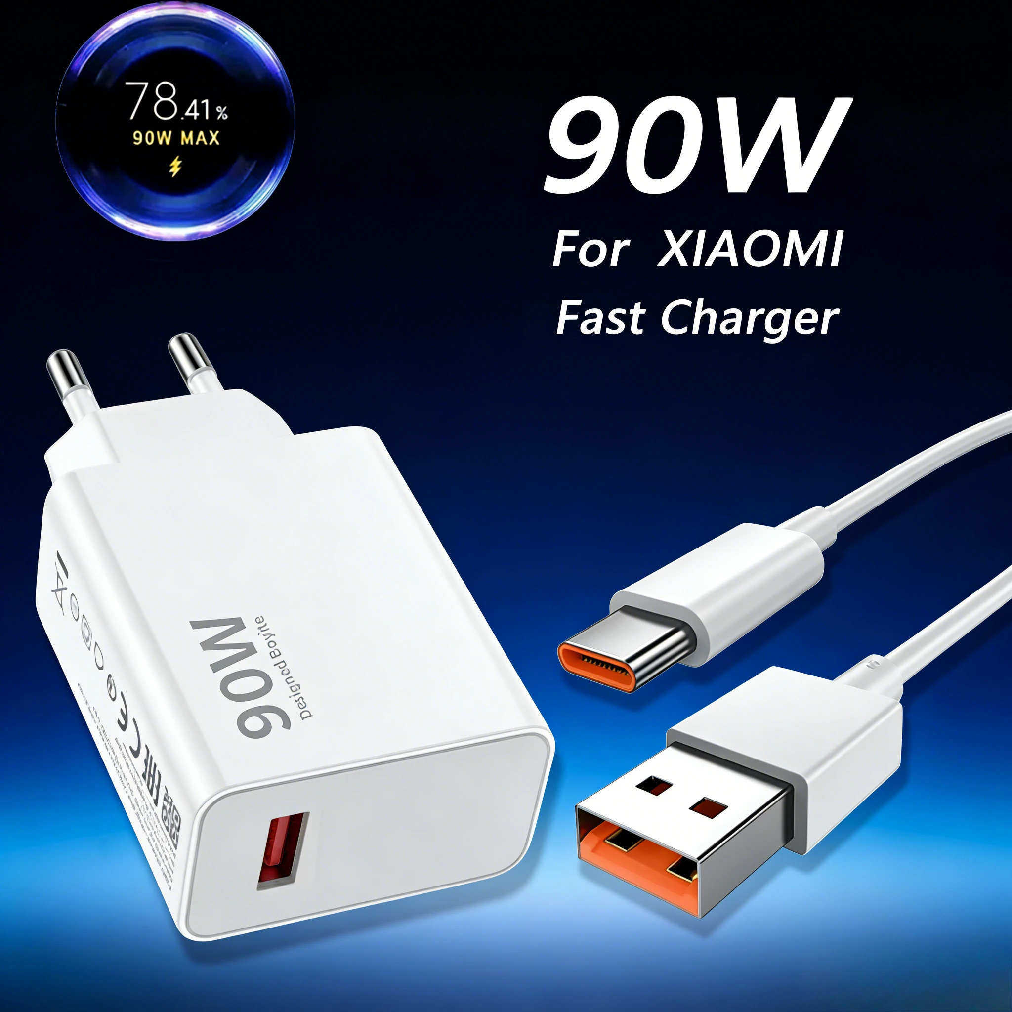 2026 New 90W USB Fast Charger with Type C Quick Charging Data Cable Wall Adapter EU/US Plug For Xiaomi 15 14 Ultra Redmi Note 13
