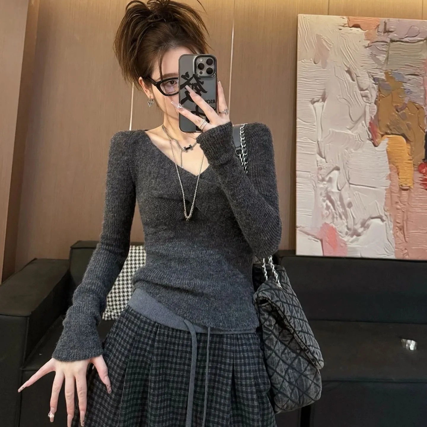 

Sli Deep ey V-Ne Long Sve вязаный базовый слой, женский осенне-зимний облегающий топ для похудения, высококачественный топ для внутренней одежды