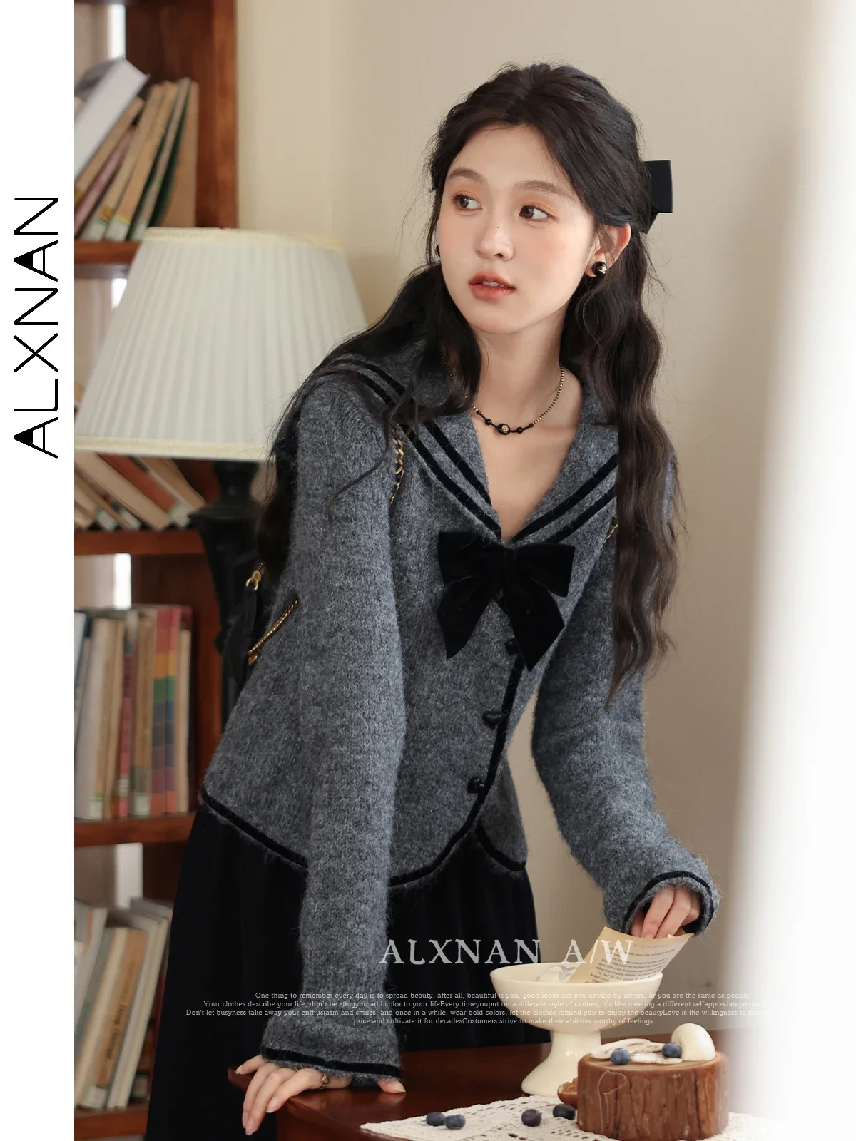 

ALXNAN Sailor Collar Cardigan Sweater for Women Velvet Bow Heart Buttons Long Sleeve 2024 Fall Winter Warm Knitted Tops LXN31892