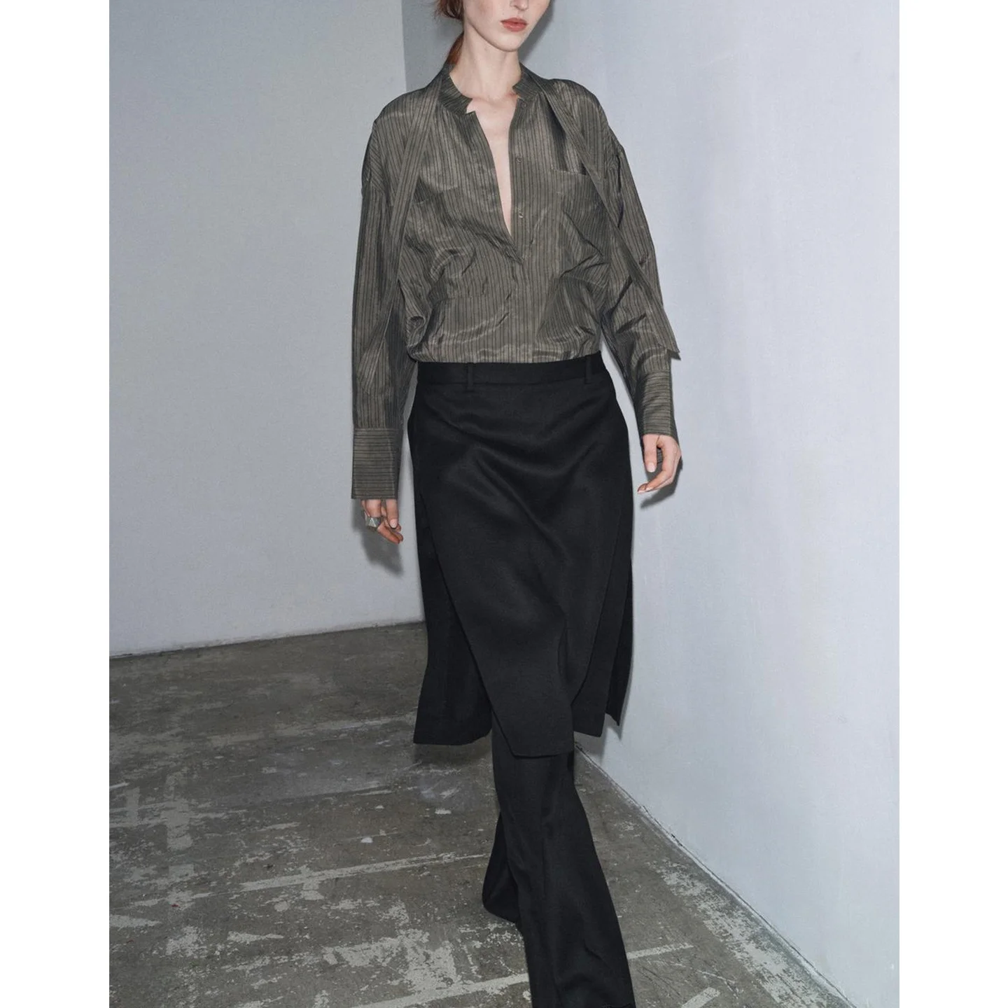 Autumn Winter New Women's Simple Sle Asymmetric Hem round Ne Long Sve ket Decor  Knot irt Polyester Fiber