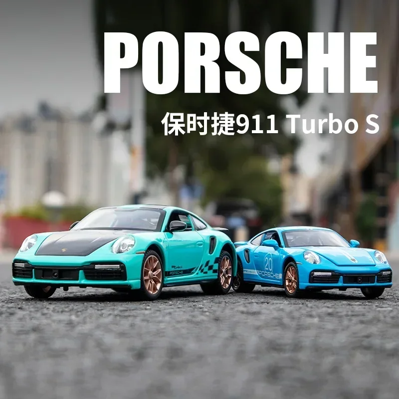 Modèle réduit de Porsche 911 Turbo S en alliage moulé sous pression, échelle 1/55e, avec son et lumière, pour enfant, véhicule de collection à nervures, décoration, jouet, idée cadeau