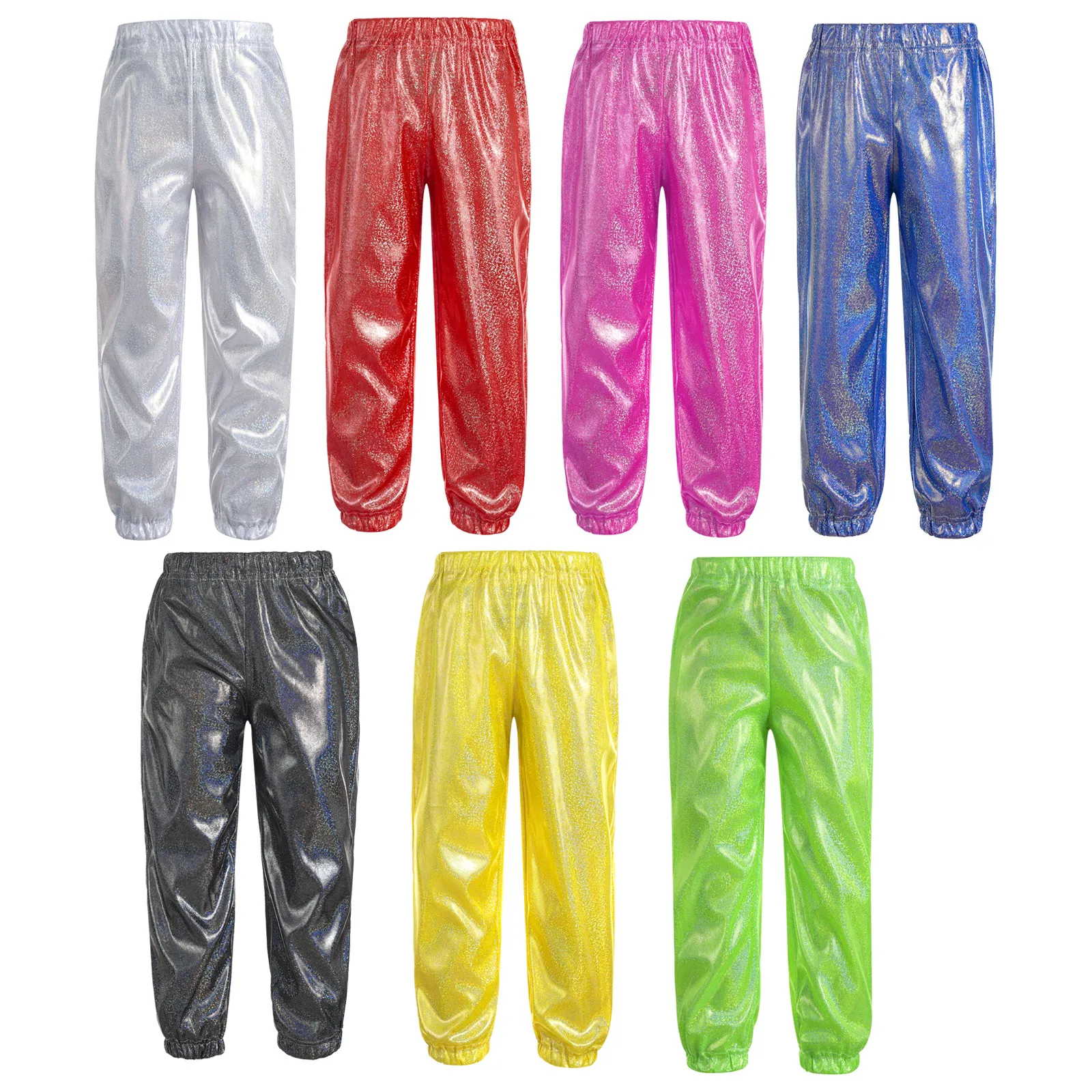 Kids Boys Girls Jazz Hip Hop Costume Street Dance Pants Shiny Metallic Elastic Waistband Trousers Party Performance Dancewear