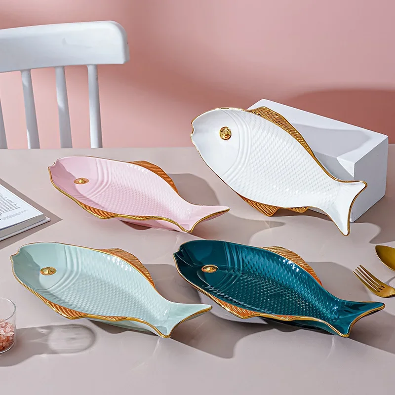 Ceramic Fish Plate Phnom Penh Green Creative Fish Shaped Porcelain Plate Household Salad Dessert Long Dish Kitchen Tableware