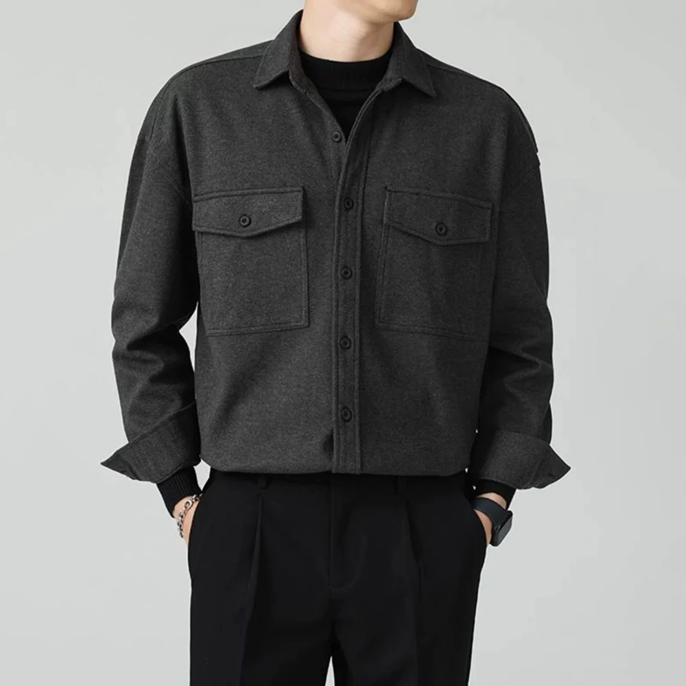 

2025 Winter New Men's Solid Color Long-Sleeve Shirt American Retro Fashion Trendy High Street Loose Casual Simple Men's Top