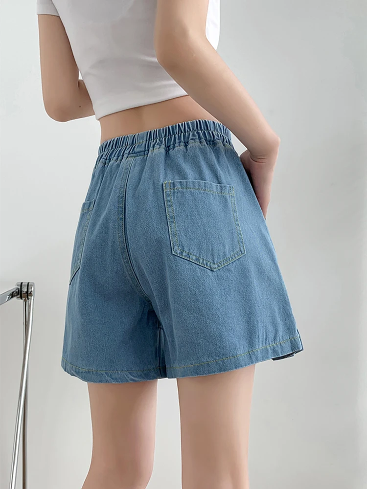 Loose Plus Size Women's Denim Shorts Skirts Summer Elastic Waist Wide Leg Jeans Shorts Woman Cotton Pleated Kawaii Short Pants image 4