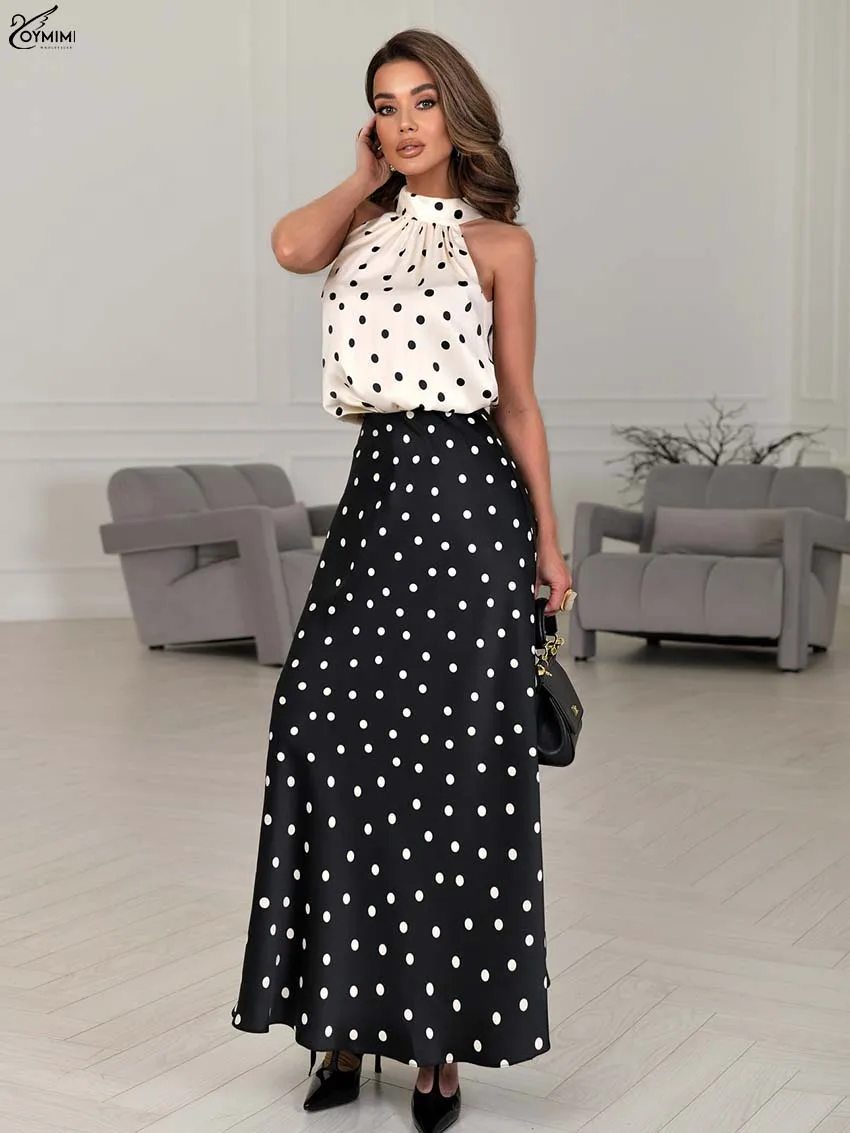 Oymimi أنيقة أسود أبيض طباعة قطعتين مجموعة امرأة موضة س الرقبة أكمام بلوزات فضفاضة + عالية الخصر الكاحل طول التنانير Se