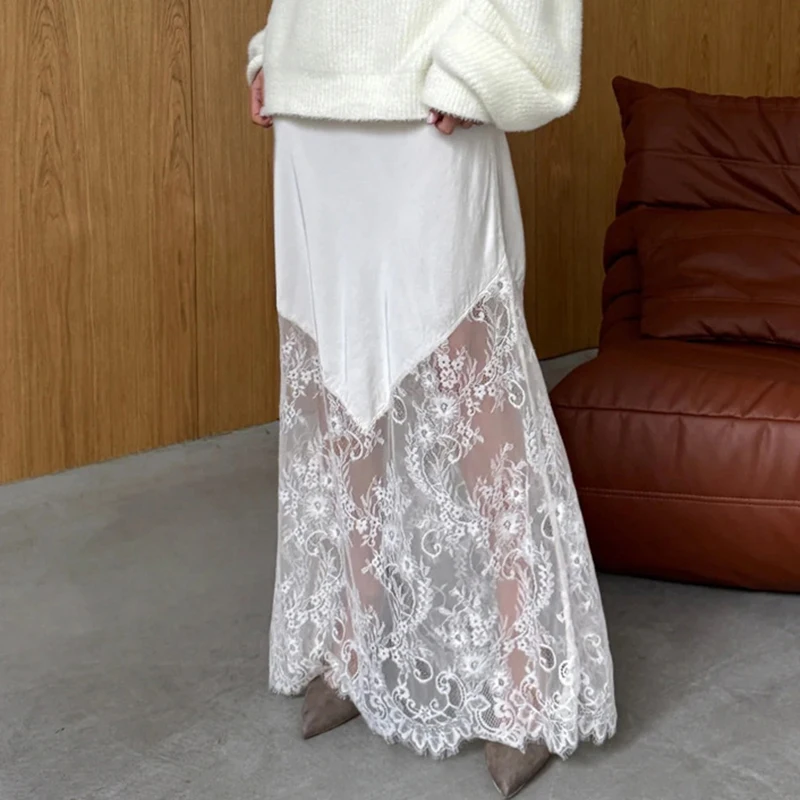 

Ticketsx Lace Patchwork Skirt Women's See Through Casual High Waist Ankle Length Skirts Female Fashion Elegant Classic Skirts