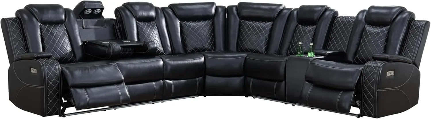 

Air Leather Power Recliner Sectional with LED Lights, Reader Lights, Storage Consoles, Cup Holders, USB Charging Port