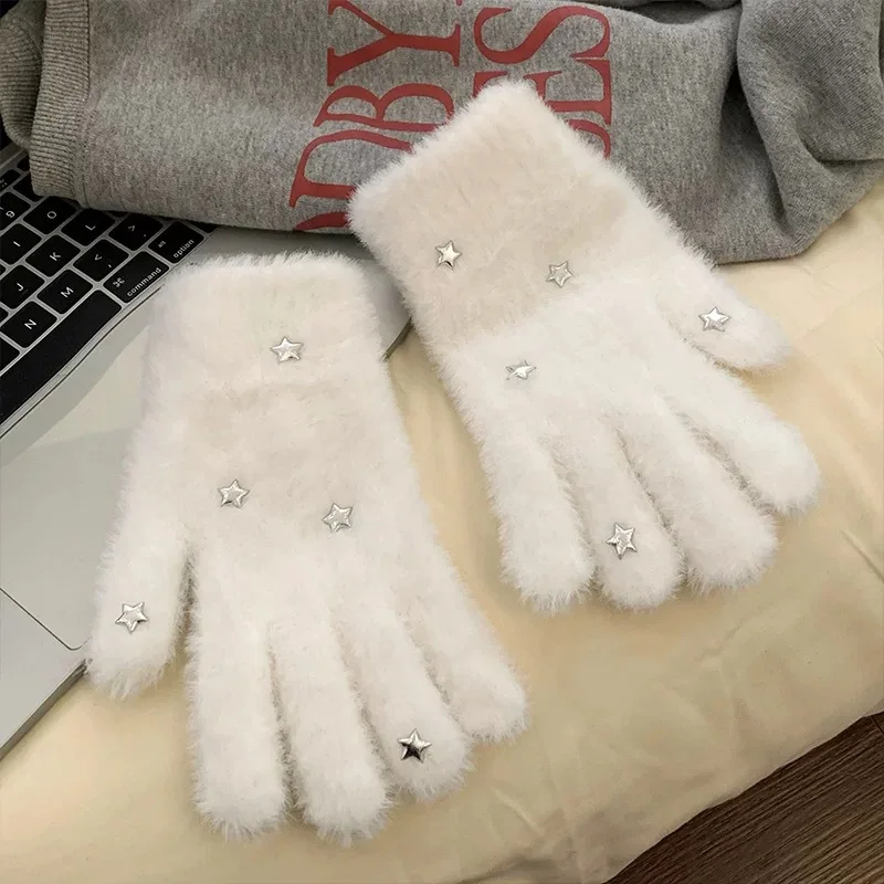 Winter Soft Plush Gloves Star Snowflake Decoration Fashion Five Finger Gloves Women Cycling Outdoor Sports Thicken Warm Glove