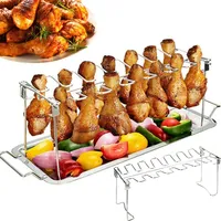 14 Slots Stainless Steel BBQ Beef Chicken Leg Wing Grill Rack Barbecue Drumsticks Holder Smoker Oven Roaster Stand with Drip Pan