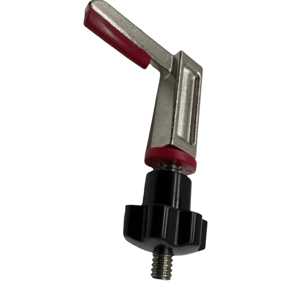 Threaded Screw Tennis Racket L Frame Cantilever Metal Red Contact Pads L Frame Cantilever Black Adjustable Knobs Visible