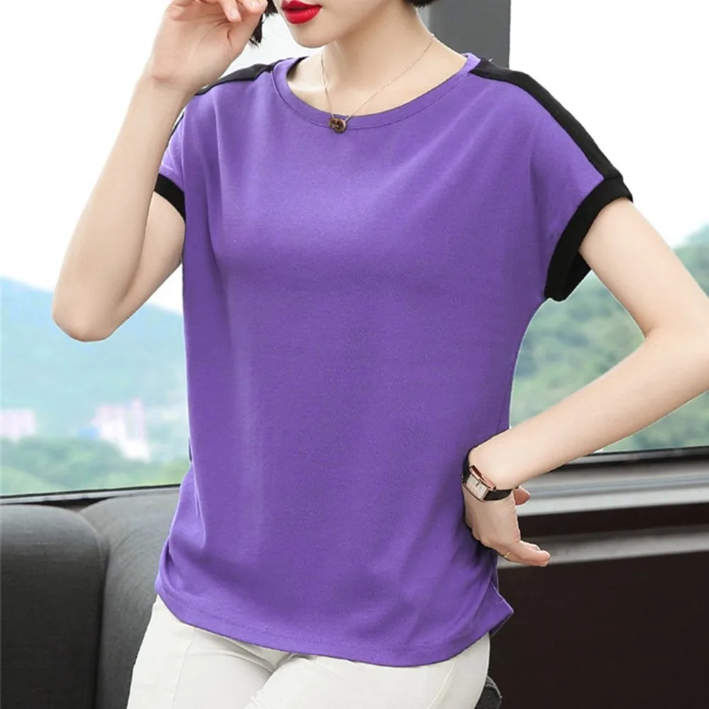 Plus Size Short Sleeves Round Neck T-shirt Stitching Loose Women Blouse Tops