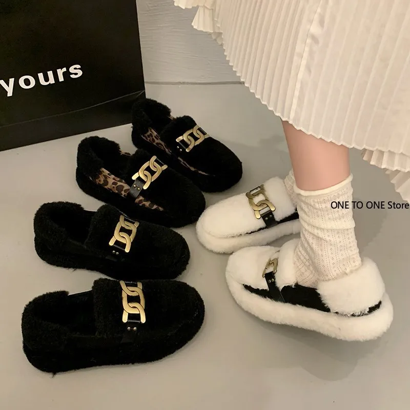 Black/white Mixed Color Lambwool Winter Shoes Woman Brand Metal Chains Curly Fur Flats Women Work Shoes Comfortable for Work