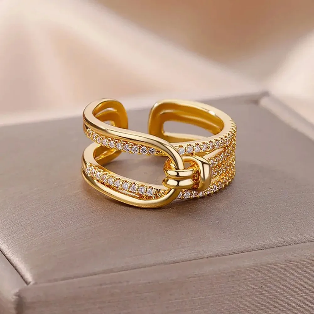Luxury Double Layers Zircon Rings for Women Gold Plated Opening Stainless Steel Ring 2023 Trend Aesthetic Party Wedding Jewelry