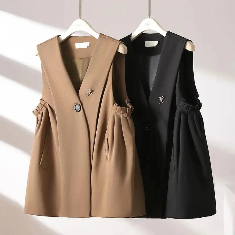 

Ladies Vest Coat 2025 Spring Sleeveless Fashion Women's Waistcoat Jacket Korean Version Temperament Solid Color Lady Horse Clip