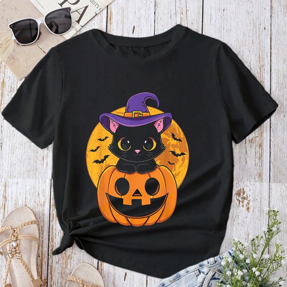 Print Ladies T Shirt New Halloween Cute Witch Black Cat Witch Hat Casual Basis O-collar Shirt Short Sleeve Ladies T Shirt