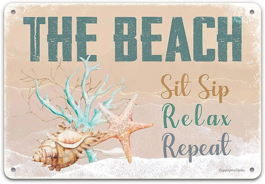 Beach Tin Sign Wall Decor, Sit Sip Relax Repeat Metal Poster Art Painting Plaque  , Retro Aluminum Decorations for Beach House H