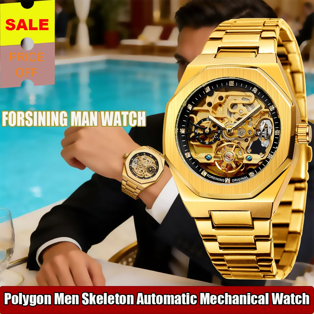 

FORSINING Trendy Polygon Men Watch Rhinestone Skeleton Automatic Mechanical Watch Stainless Steel Formal Business Man Wristwatch