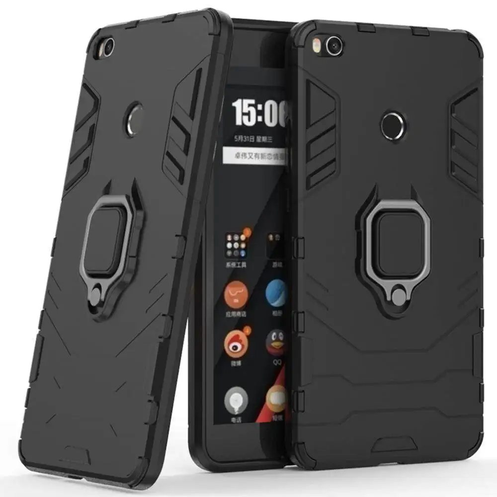 Caso do silicone para xiaomi mi max 2, caso à prova de choque luxuoso com anel do metal, pc duro e duro