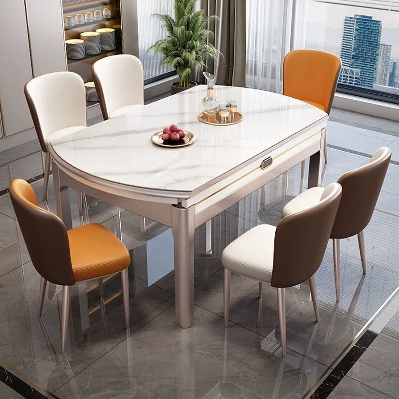 

Italian glossy rock slab dining table and chair combination table and chair set of modern simple retractable folding solid wood