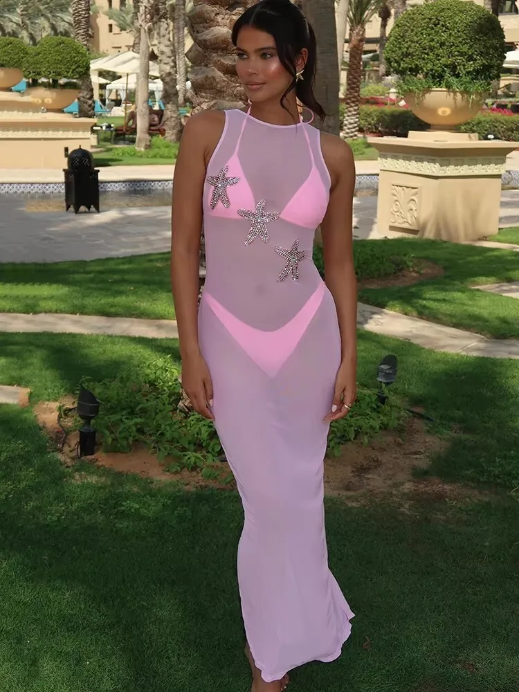 

JULISSA MO Sexy See Through High Slit Stars Women Maxi Dress Pink Backless Lace Up Dresses Summer Skinny Elegant Party Beachwear