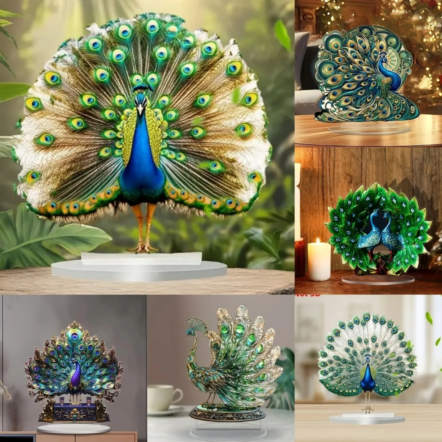 Vintage Green Peacock Statue,2D Flat Acrylic Figurine,Home,Office,Cafe,room,Studio,display Case,Table Ornament Desktop Decor Kit