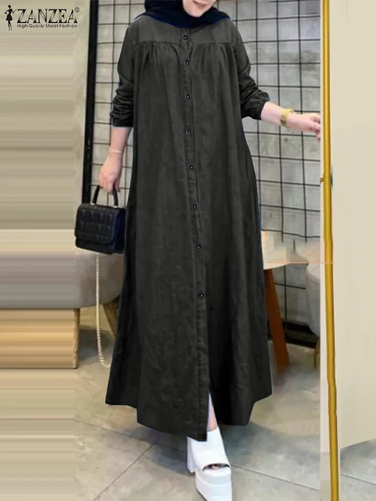 

ZANZEA Long Sleeve Casual Maxi Dress Women Denim-look Loose Button Up Abaya Robes Islamic Muslim Hijab O Neck Long Robes Femme
