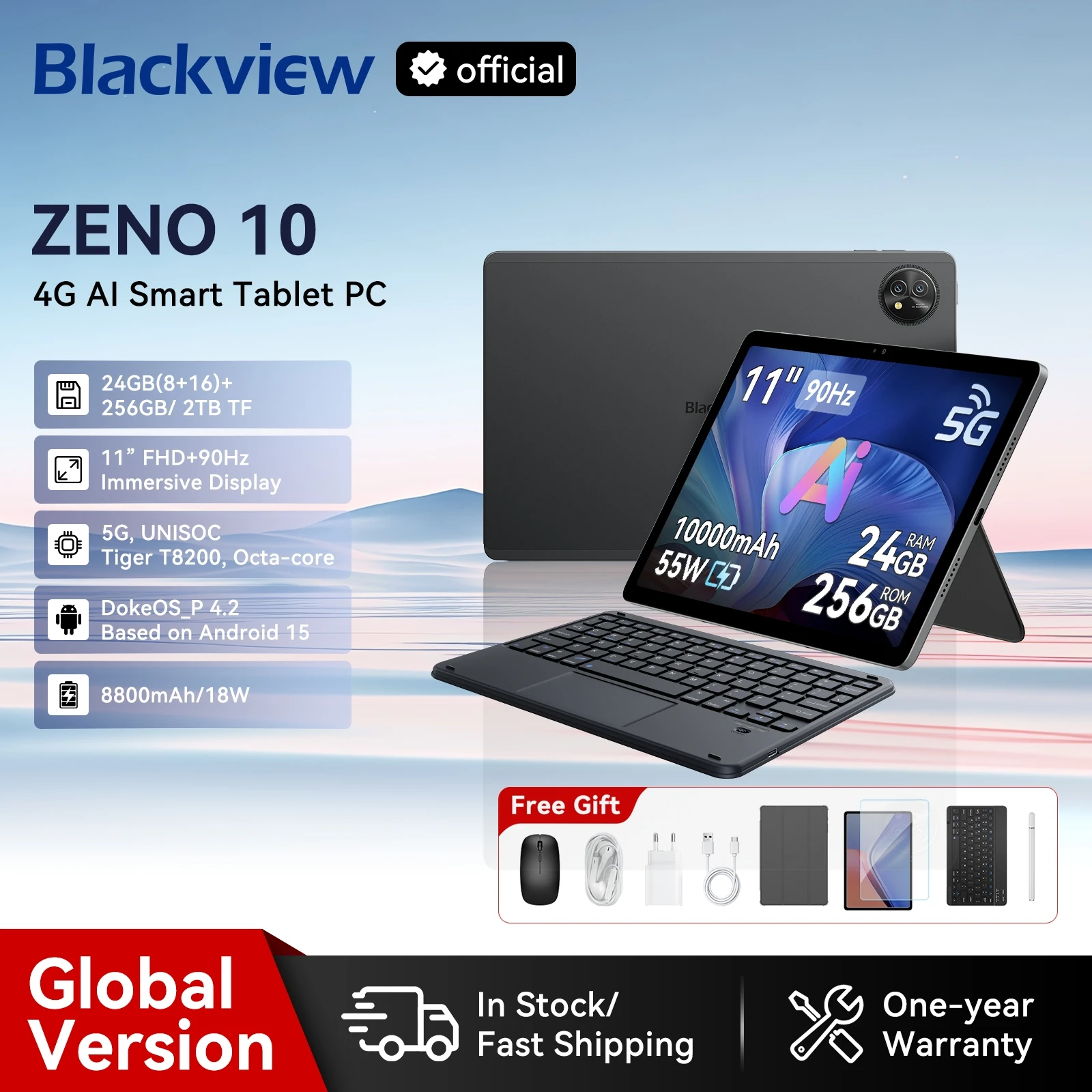 Blackview ZENO 10 5G AI Android 15 Tablet, T8200 Octa Core, 11' FHD+ 90Hz Display, Smart Tablets Pad PC With Bluetooth 