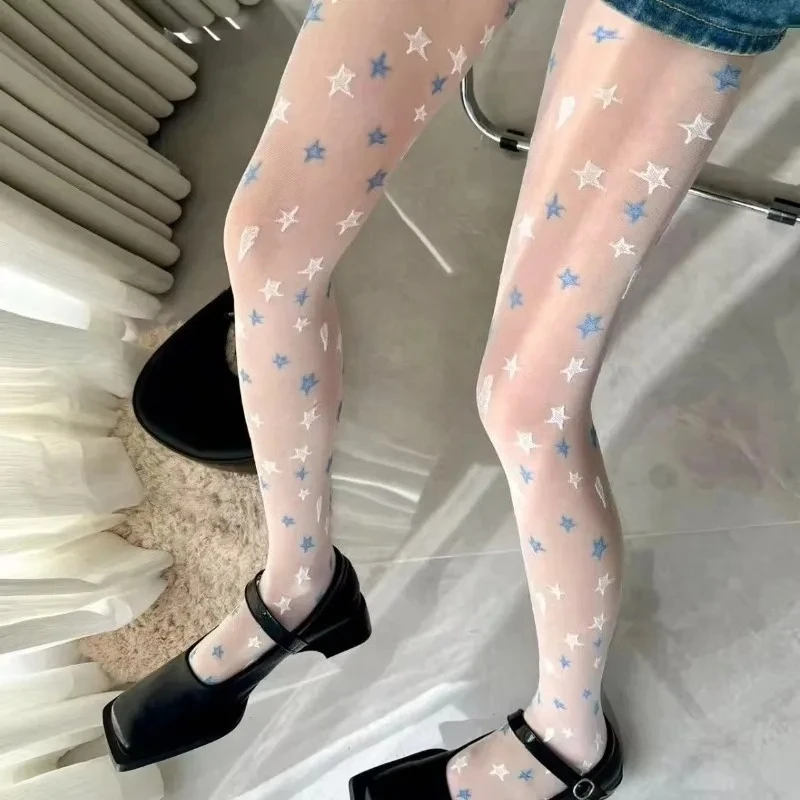 

2026 New Milky White Star Sheer Tights for Women Spring Summer Cute Silk Pantyhose Y2K Vintage Transparent Stockings for Women