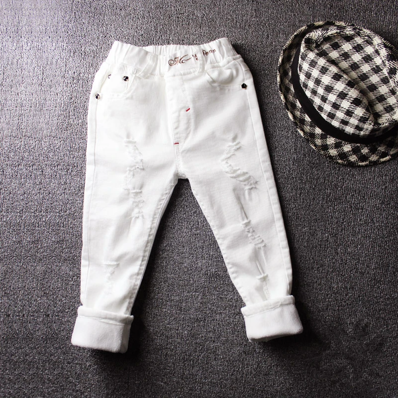 Spring & Autumn Boys White Jeans For Girls 2023 Korean Version Fashion Slim Elastic Waist Trousers Hole Casual Children\'s Pants