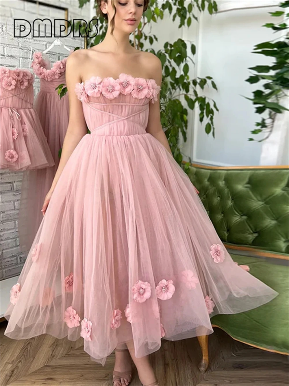 Sweet Pink 3D Floral Women Prom Dress Tulle Strapless Cute Birthday Party Gown Formal Dresses Summer Evening Gowns