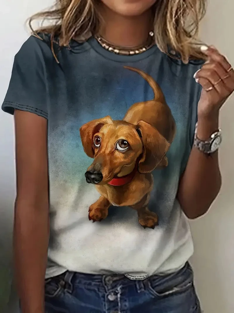 3D Cartoon Dog Printed T Shirt Women 2000s Y2k Tops Girls Cute Animal Print Casual Short Sleeve O-Neck T-shirt Female Funny Tees