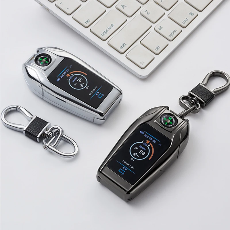 Outdoor Dual-Power Keychain Lighter - Jet Flame Metal Body Rechargeable Refillable with Built-in Compass