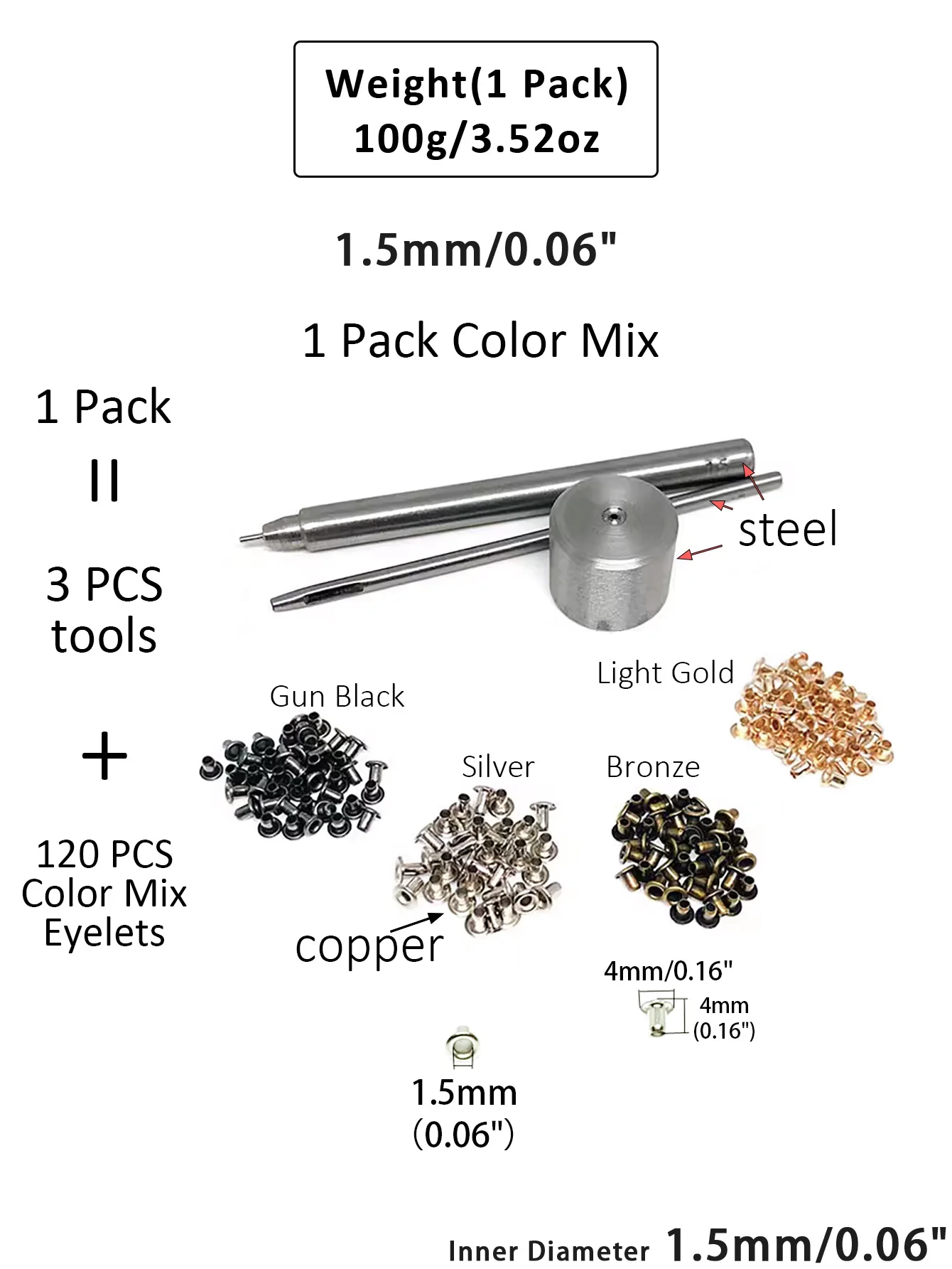 120 Stück Kupfer-Farbmischung, winzige 1,5/2/2,5 mm Ösen für Schuhe, Kleidung, Leder, Leinwand, BJD-Ösen mit 3 Stück Befestigungswerkzeugen – Detail 3