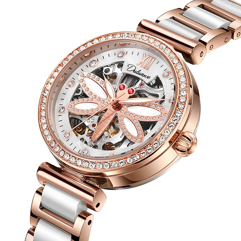 Dulunwe Ladies' Dragonfly Skeleton Mechanical Watch, Luxury Gift, Women's Fashion Watch, Relojes Para Mujer