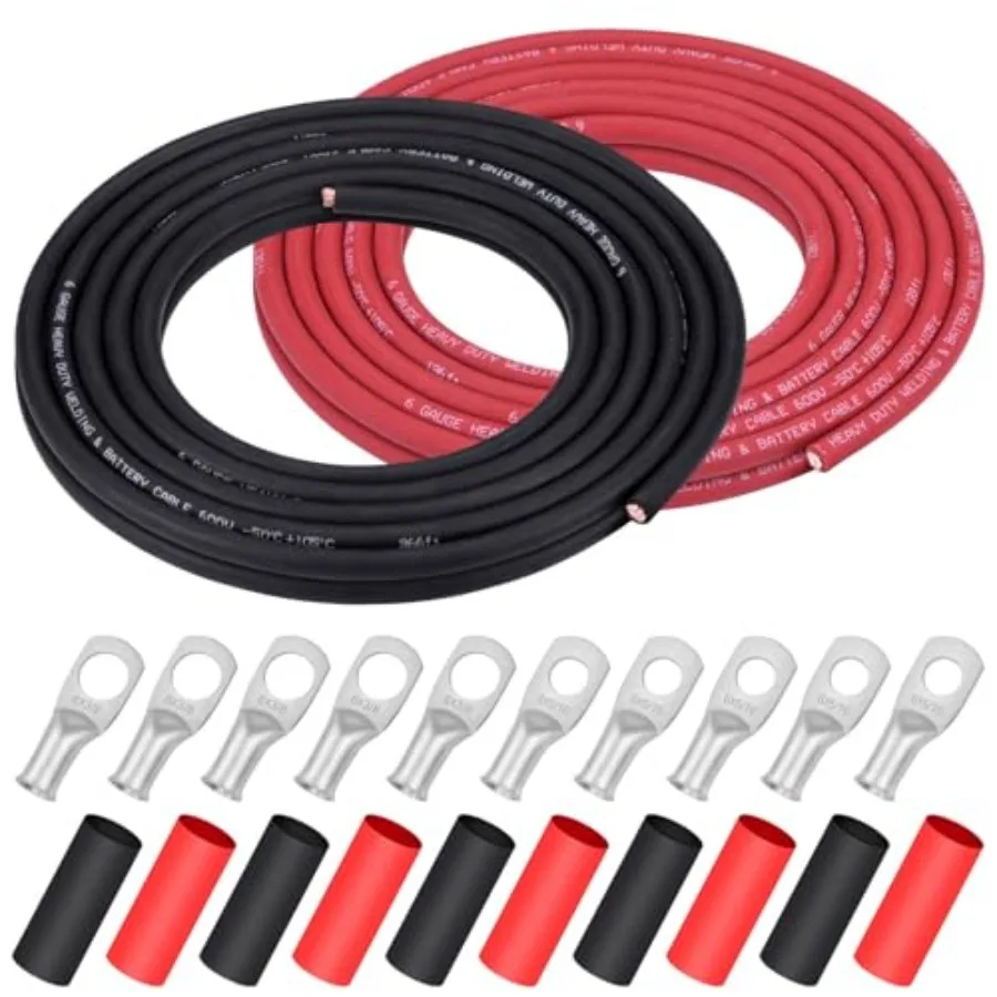 

6 Gauge 6 AWG Wire 20 Feet Black + 20 Feet Red Welding Battery Pure Copper Ultra Flexible Cable + 5pcs of 5/16" and 5pcs 3/8" C