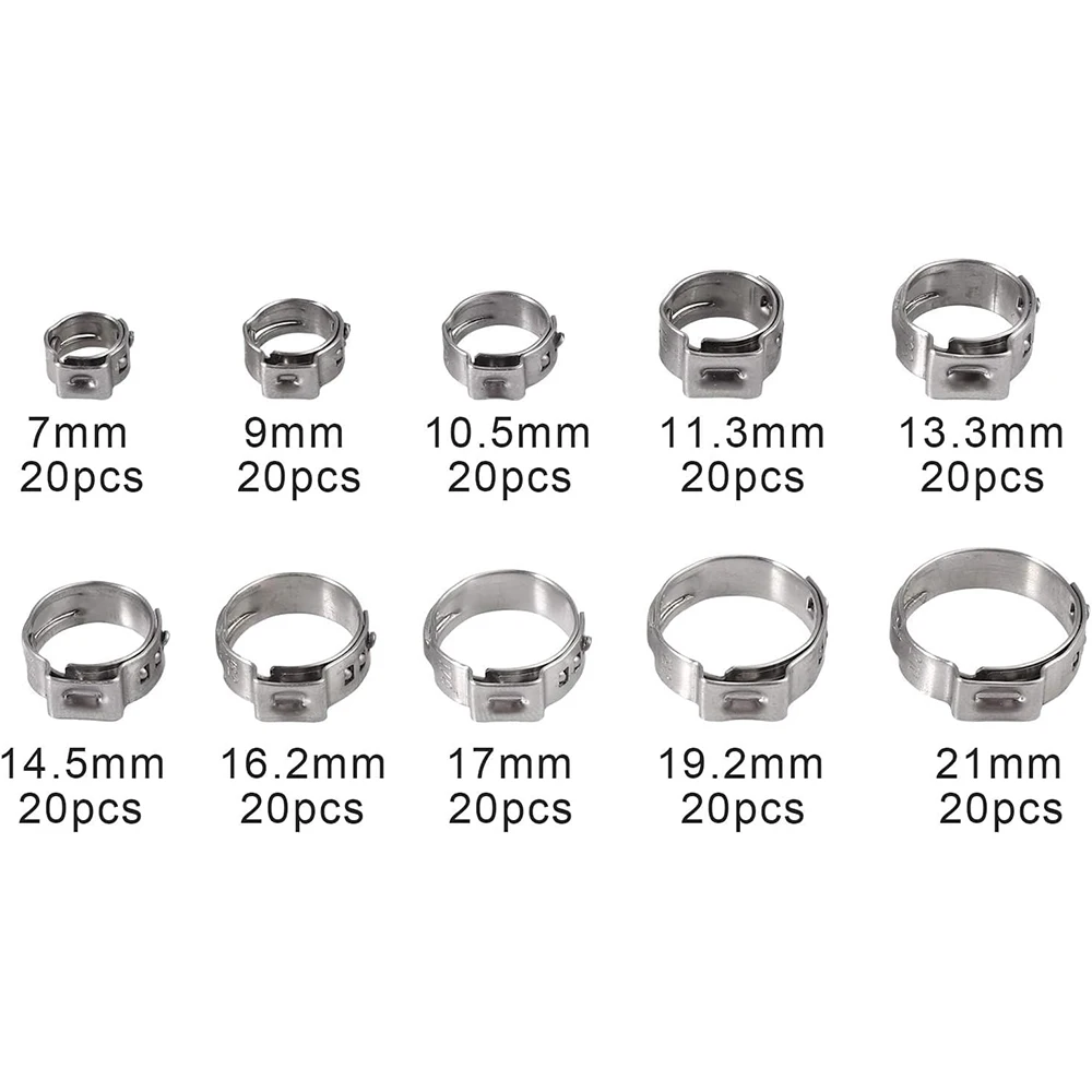 200pcs Ear Clamps Stainless Steel Hose Clamp Clip 5.8-7mm, 7.3-9mm, 8.8-10.5mm, 9.6-11.3mm, 10.8-13.3mm, 12-14.5mm, 13.5-16.2mm