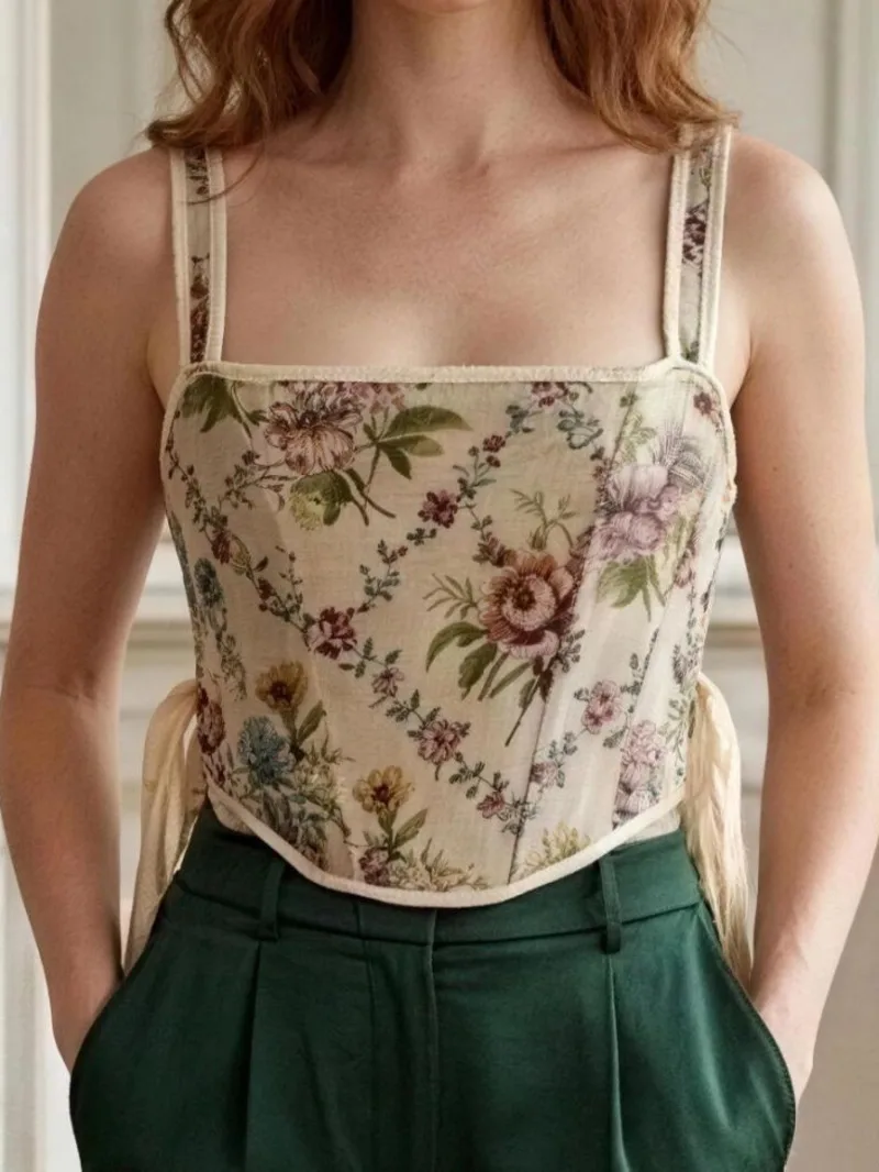 Corset Top With Fish Bone Straps Vintage Floral Camisole, Side-tie Slim-fit Top Side-tie Shape Wear For Women 93K0 view 6