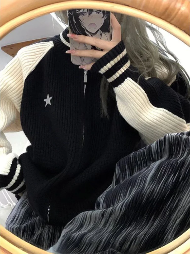 Y2k Aesthetic Knitted Jacket Vintage Zip Up Cardigan Women Star Patch Striped Harajuku Loose Sweater Coat Grunge Streetwear