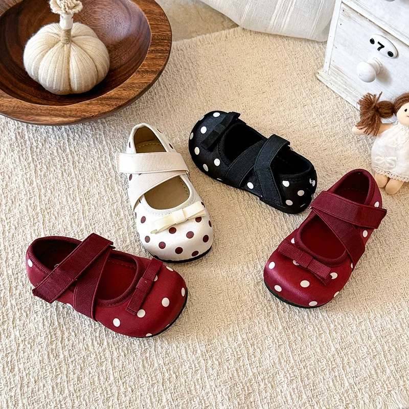 Spring Autumn Kids Toddler Girls Retro Polka Dot Mary Jane Shoes Bow Non-Slip Sole for Daily Walking Outdoor Wear