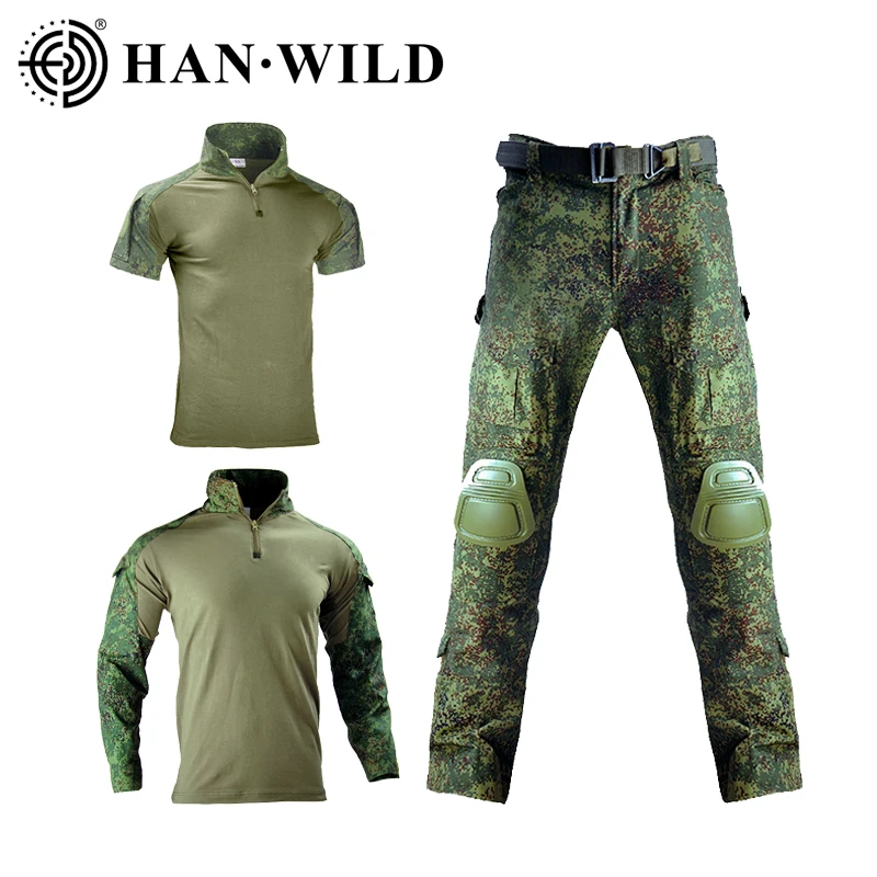 HAN WILD Tactical Shirt CAMO Climbing Clothes Uniform T-Shirt Hunting Shirts Wear Resistant Combat Shirt Cargo Pants Knee Pads