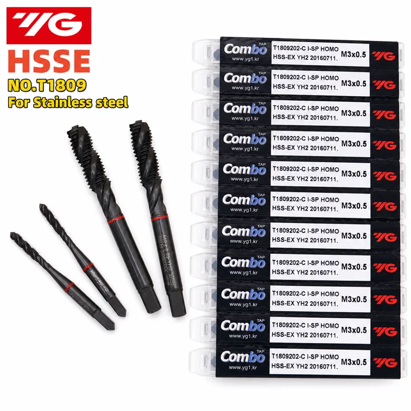 Image of Südkorea YG HSSE INOX JIS Standard Metrischer spiralförmiger geriffelter Gewindebohrer M2M2.5M3M3.5M4M5M6M7M8M10M12 M14M16M18 Maschine mit rotem Kreis