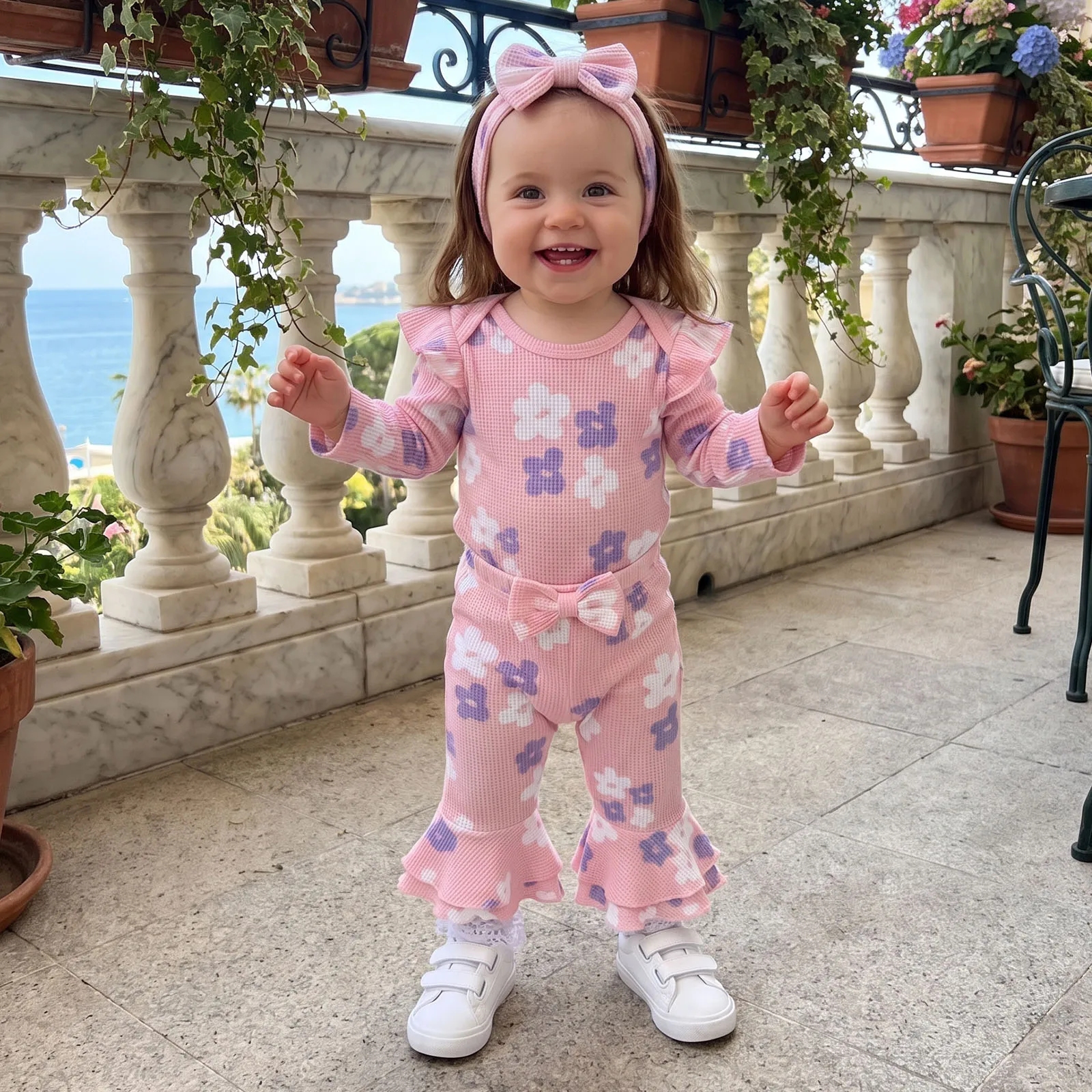 Baby Girl Fall Outfits Flower Print Long Sleeve Romper Flare Pants Headband