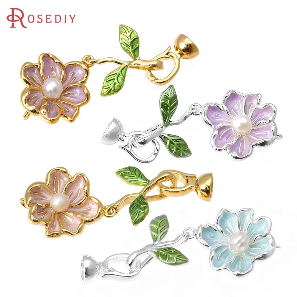 2 sets 18K goudkleurig messing met olieverfschilderijen kunststof imitatieparels bloem verbindingssluitingen voor lederen touw sieraden maken