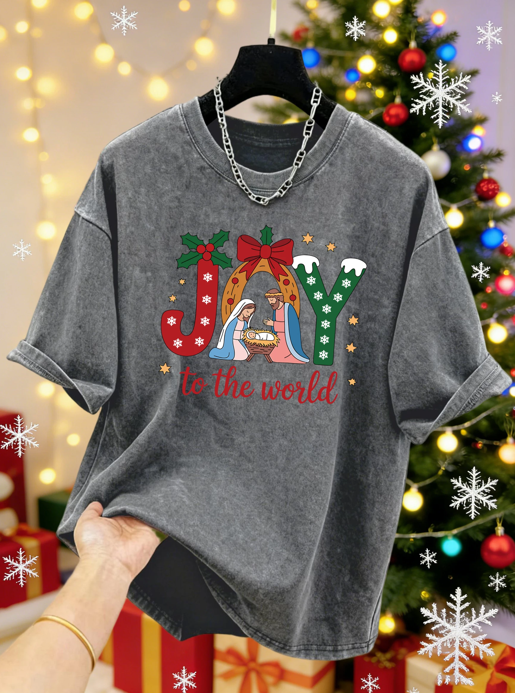 

Merry Christmas Joy To The World Print Washed T-Shirt Women Summer Loose Clothes Cotton Hip Hop Streetwear O-Neck T Shirt