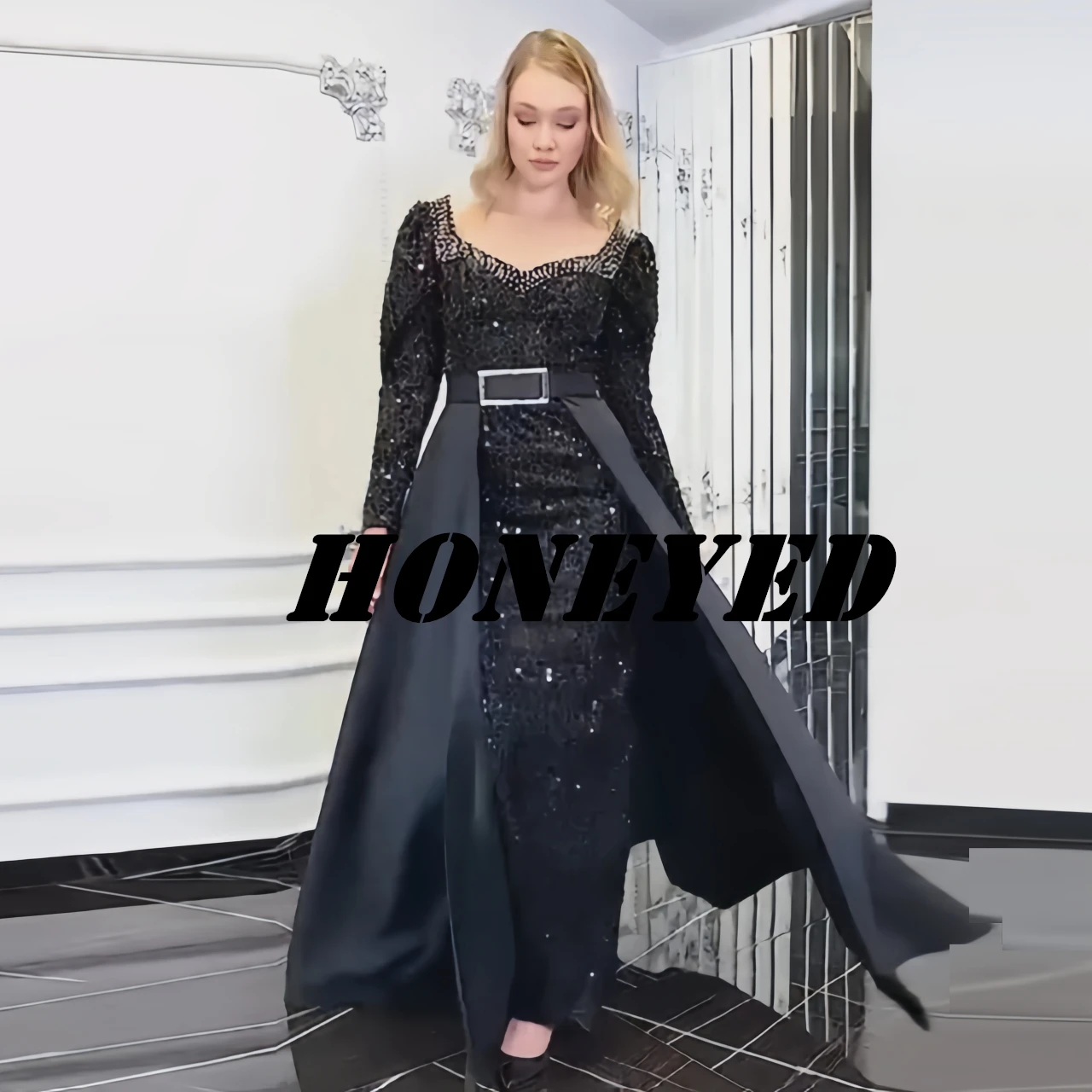 Honeyed Evening Dress Black Exquisite Satin Long Sleeves And Ankle Tassels Sequined Round Neck Regular Shoulder Straps New 2023