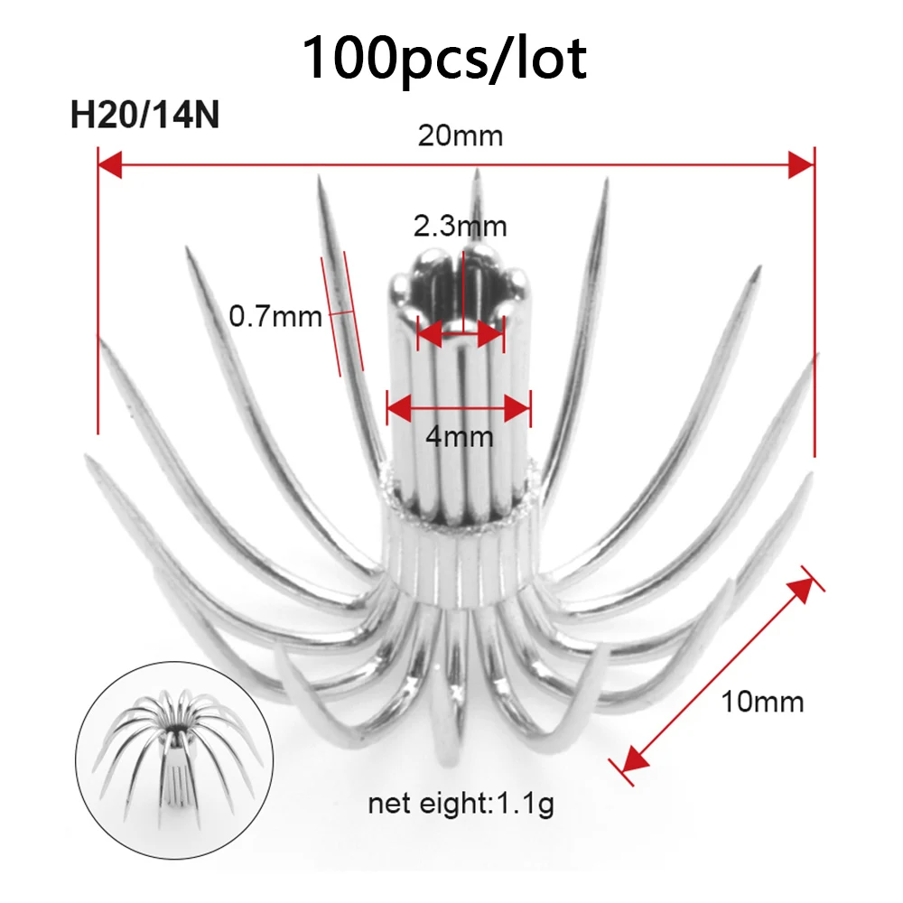 100 pcs high-quality stainless steel umbrella hooks, multi clawed hooks, 12 clawed and 14 clawed, anti seawater squid jig hooks