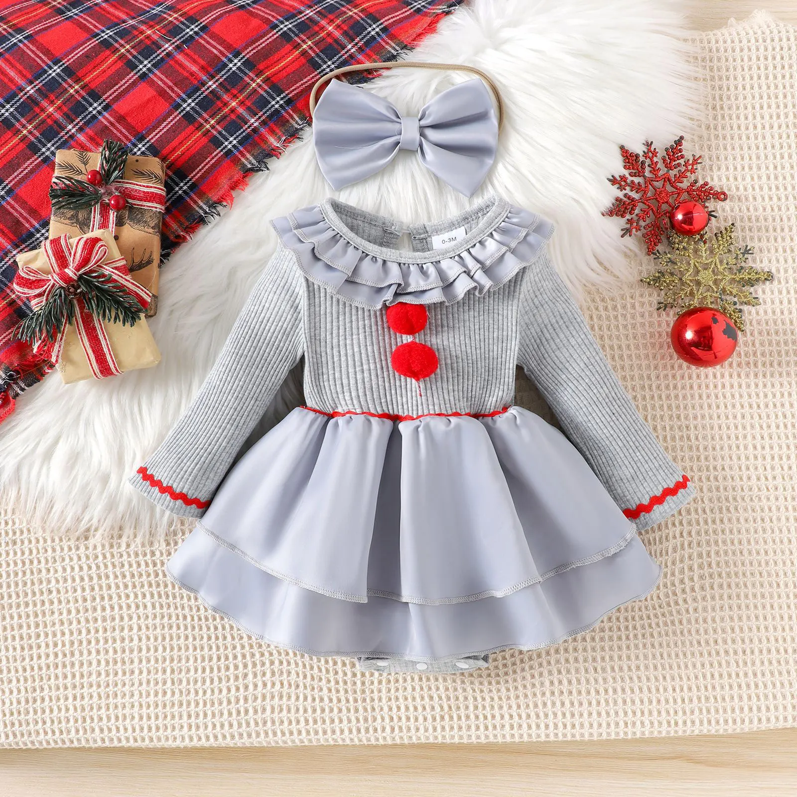 Baby Girls Halloween Creepy Clown Cosplay Costume Long Sleeve Layered Ruffled Gray Joker Dress Rompers Carnival Party Outfit