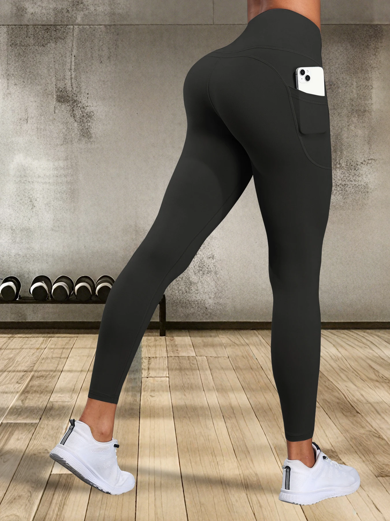 Leggings de cintura alta femininas com bolsos push up estiramento calças de yoga collants fitness correndo calças esportivas cor sólida