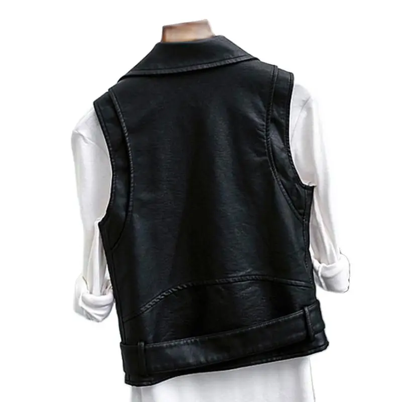 Hot Sale Black Sleeveless Pu Women Leather Jackets Winter Jacket Pu Belt Veste Motorcycle Jacket Waistcoat Vest Rivet Vests